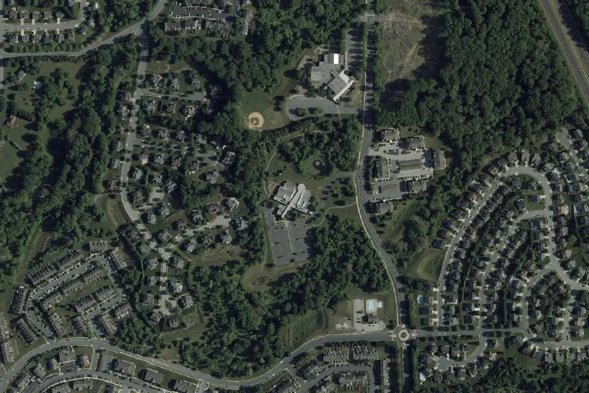 Aerial photograph of the Abingdon Library area and nearby neighborhoods along Tollgate Road, Maryland