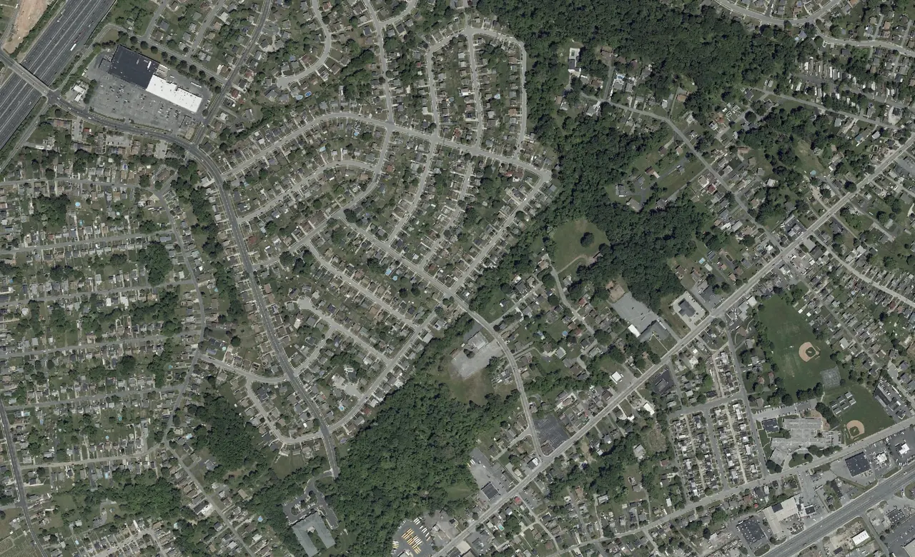 Aerial photograph of the Rosedale neighborhood around Philadelphia Road in Baltimore County, Maryland