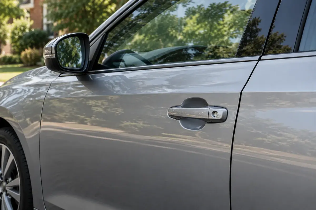 Silver car door with a conventional handle and key cylinder.