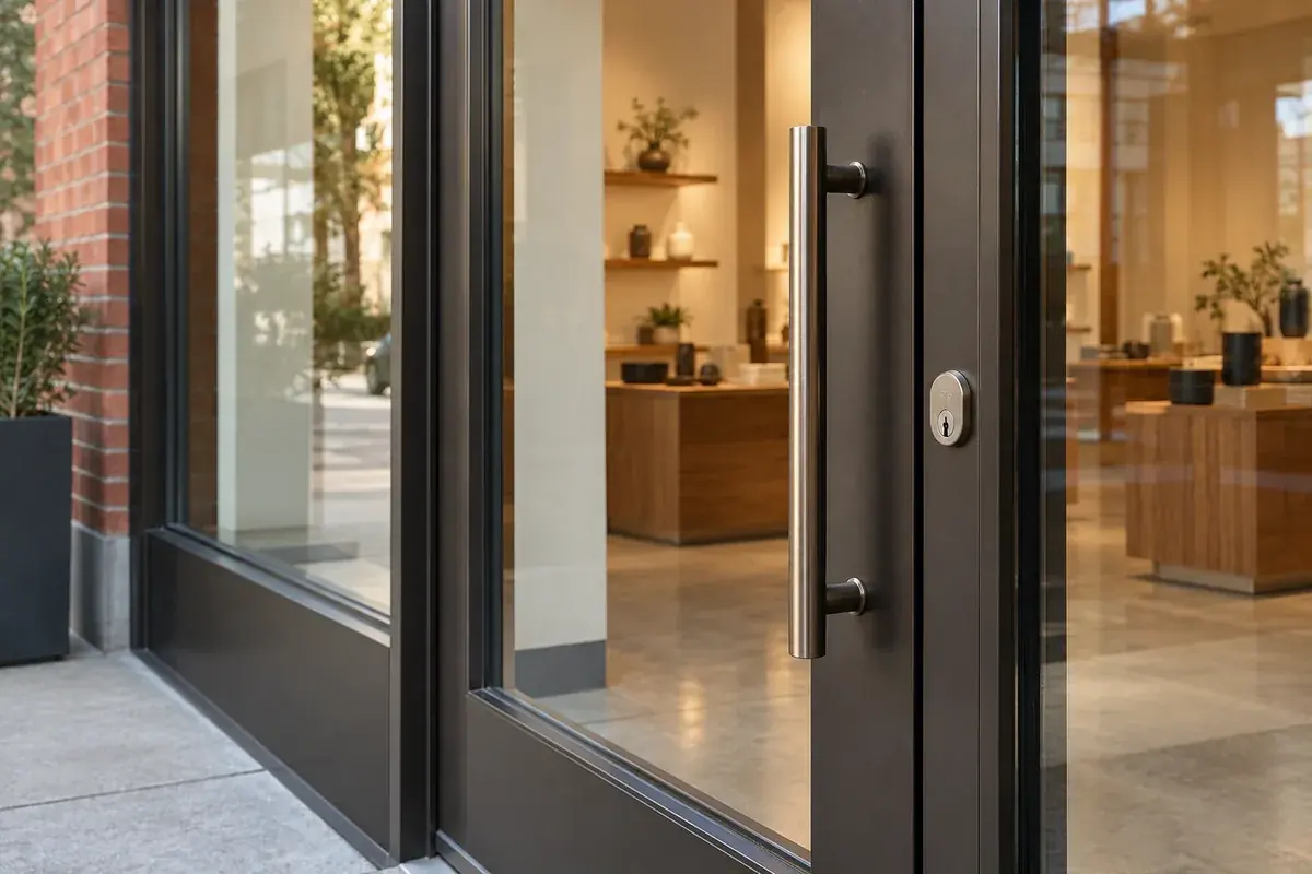 Glass storefront entrance with a metal pull handle and door lock.