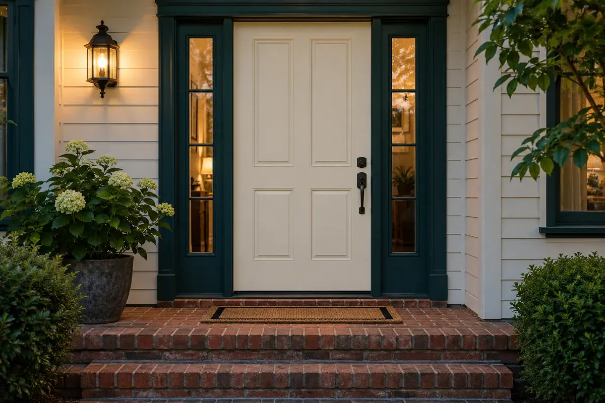 Closed cream front door above a brick threshold at dusk.