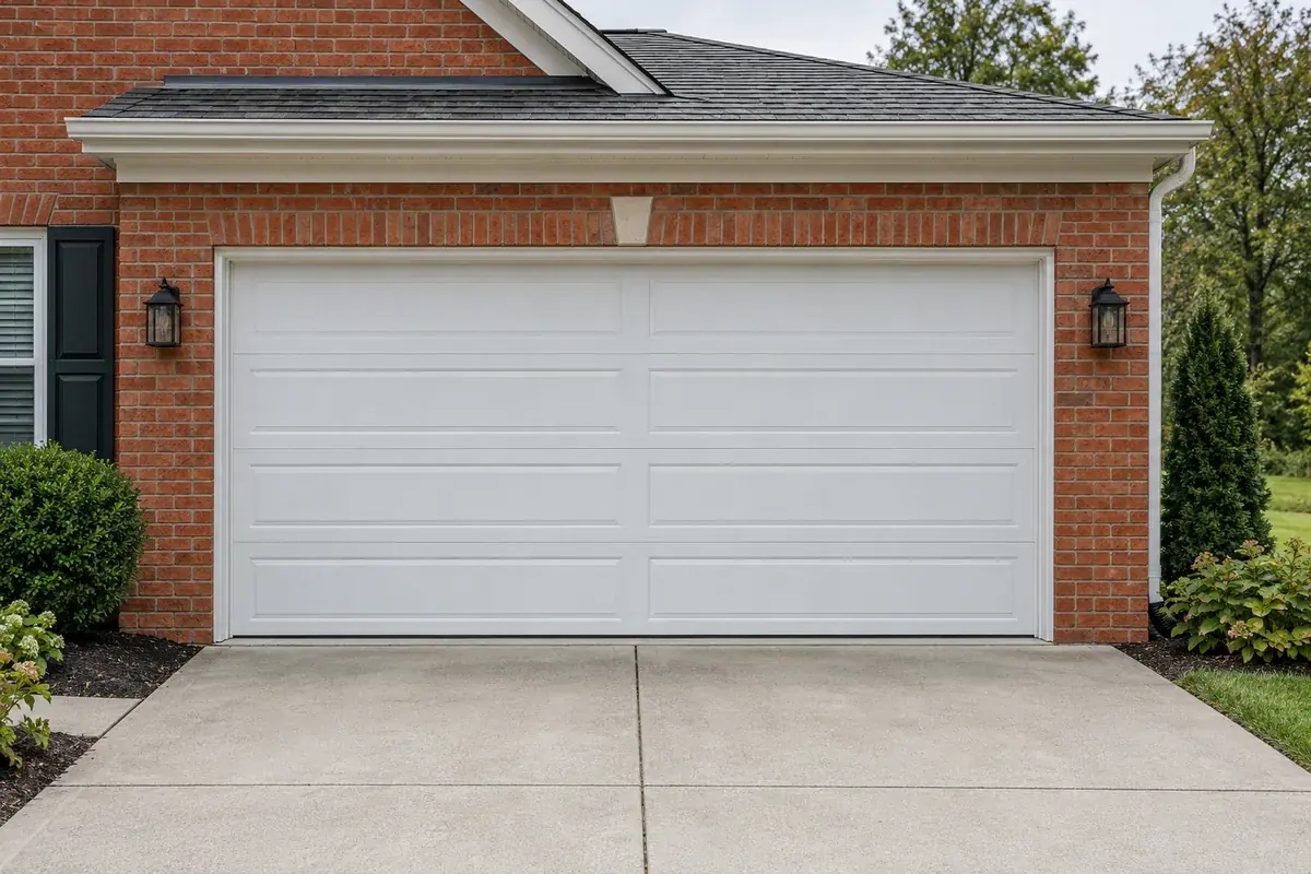 Closed white sectional garage door on a brick home.