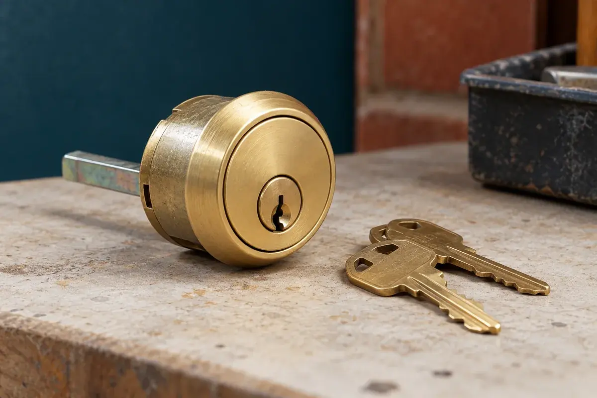 Brass lock cylinder and two matching keys on a work surface.