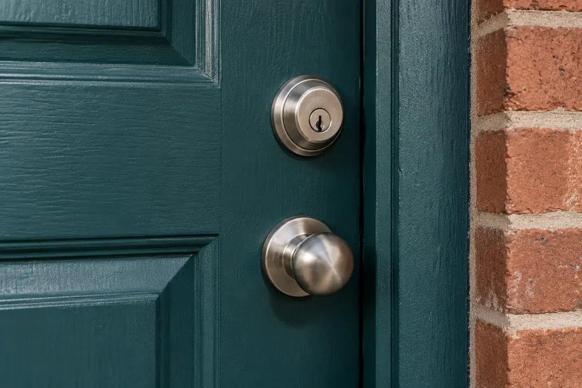Brushed nickel deadbolt and door knob on a teal painted front door.